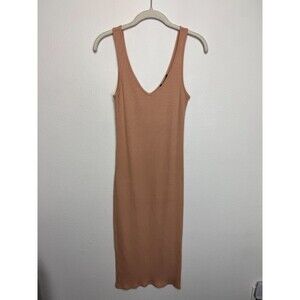 Forever 21 Small Sweater Knit Midi Dress Tan Nude Ribbed V-Neck Bodycon Stretch
